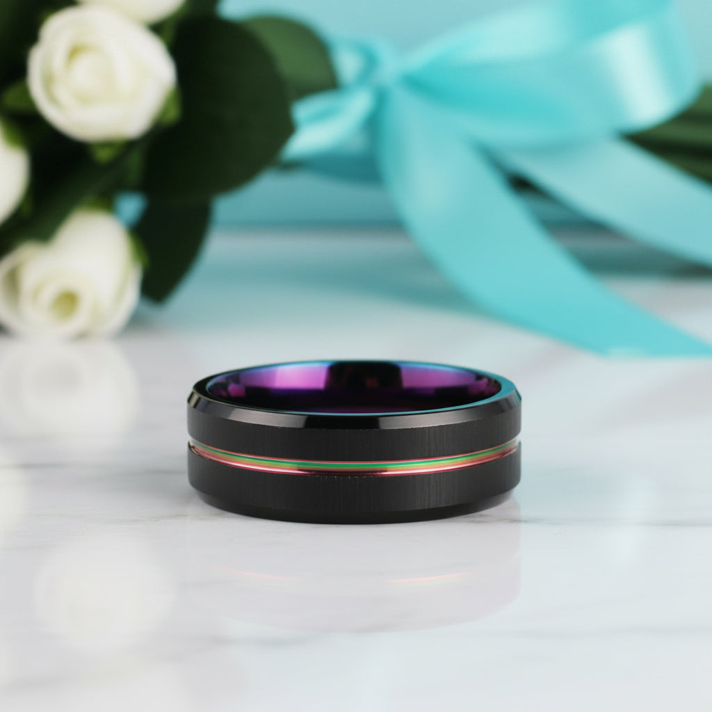 Black Tungsten Wedding Band with Rainbow Groove-Evani Jewelry