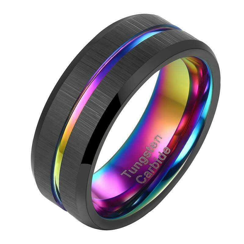 Black Tungsten Wedding Band with Rainbow Groove-Evani Naomi Jewelry