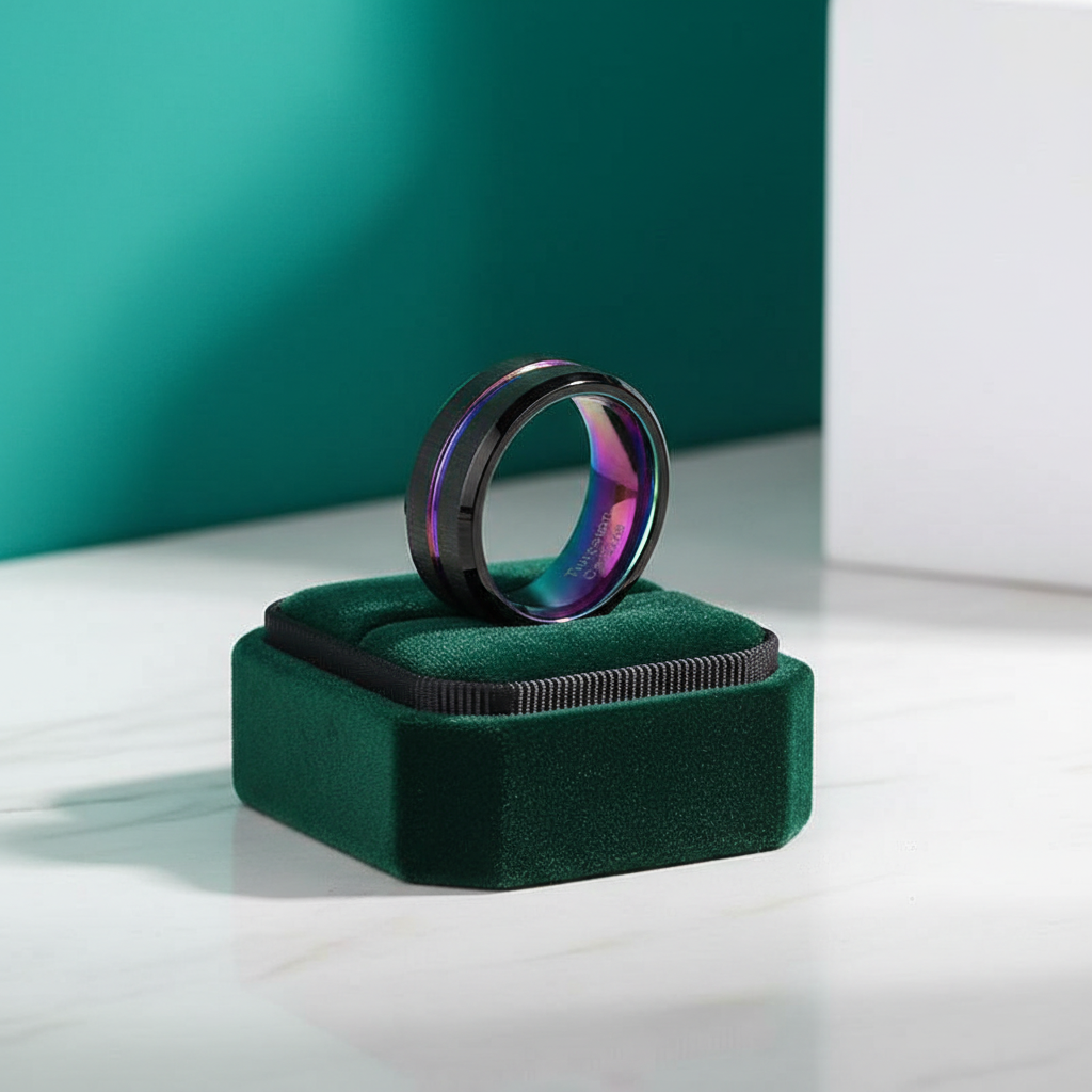 Black Tungsten Wedding Band with Rainbow Groove - Evani Naomi Jewelry