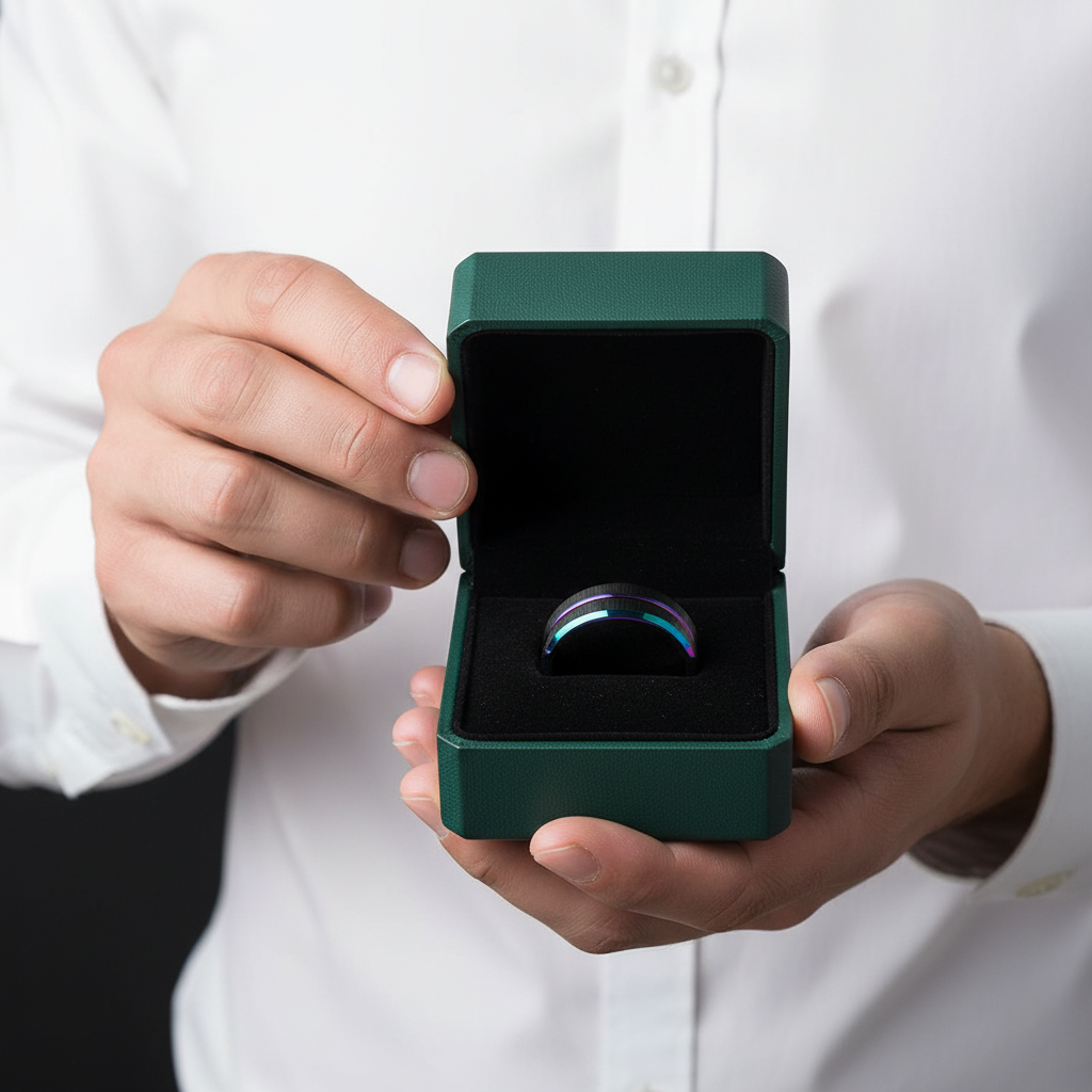 Black Tungsten Wedding Band with Rainbow Groove - Evani Naomi Jewelry