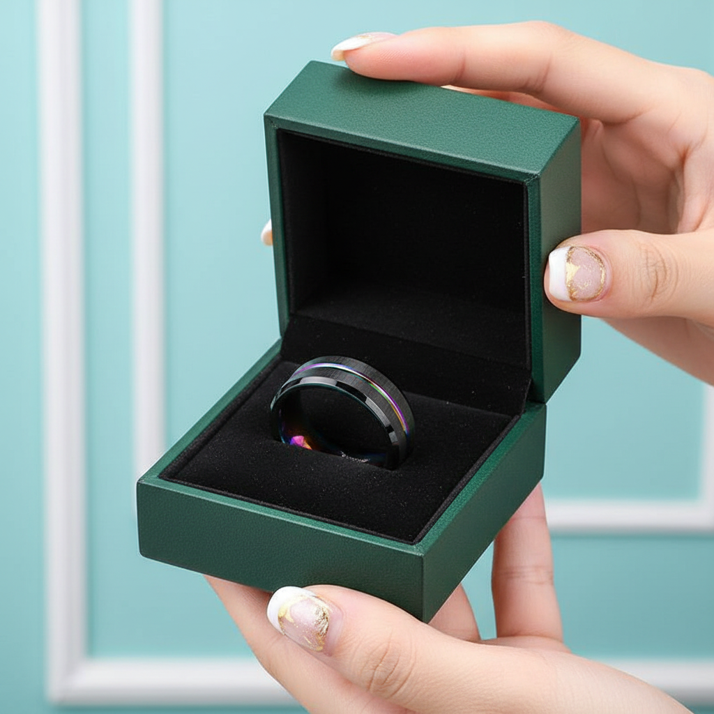 Black Tungsten Wedding Band with Rainbow Groove - Evani Naomi Jewelry
