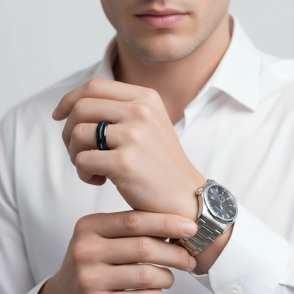 Black Tungsten Wedding Band with Rainbow Groove-Evani Jewelry