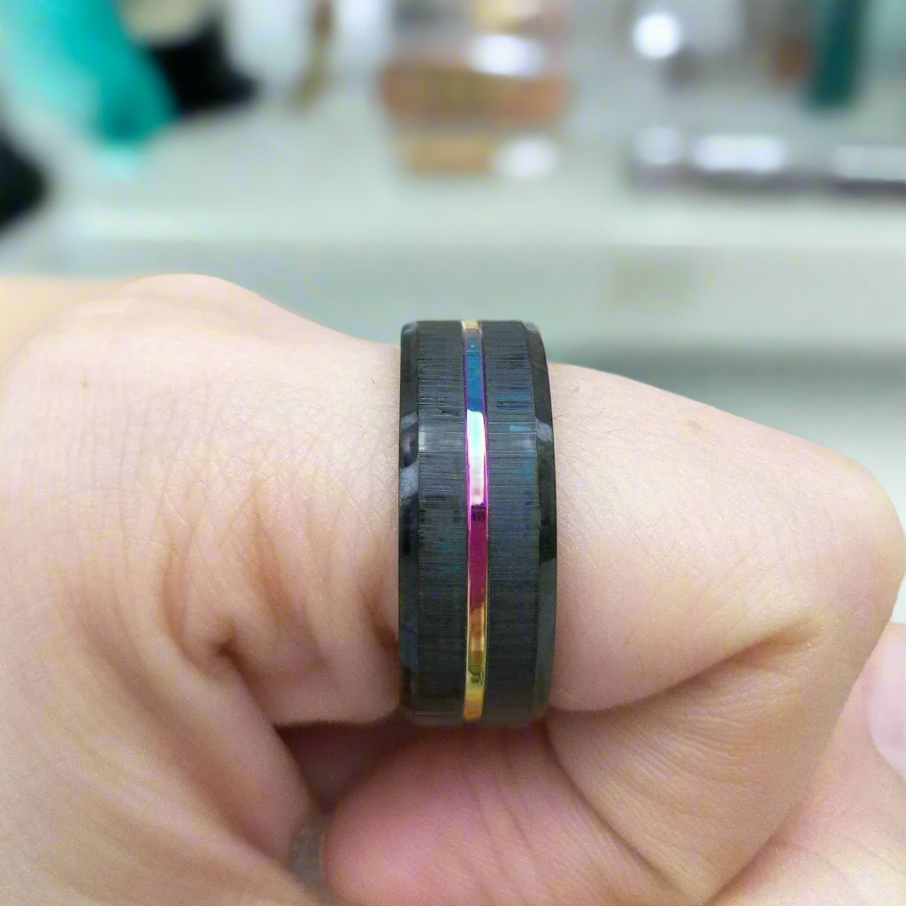 Black Tungsten Wedding Band with Rainbow Groove-Evani Naomi Jewelry