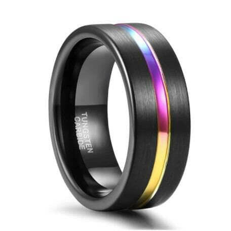 Black Tungsten Wedding Band with Rainbow Inlay-Evani Naomi Jewelry