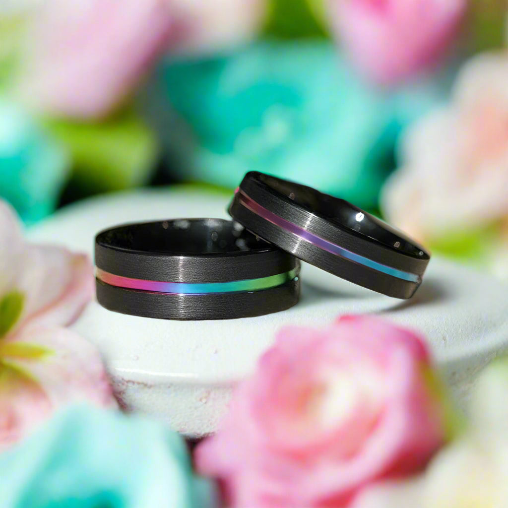 Black Tungsten Wedding Band with Rainbow Inlay-Evani Naomi Jewelry