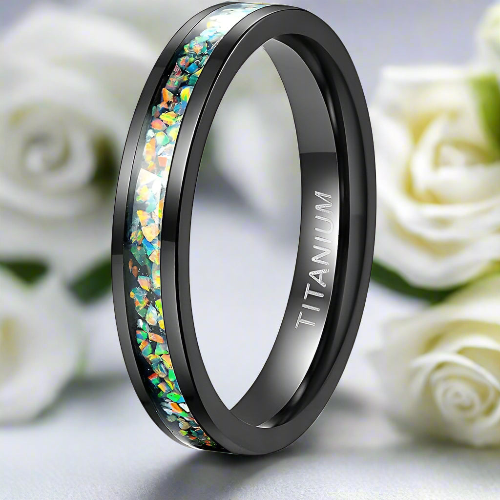 Black Unisex Titanium Wedding Band with Opal Inlay-Evani Naomi Jewelry