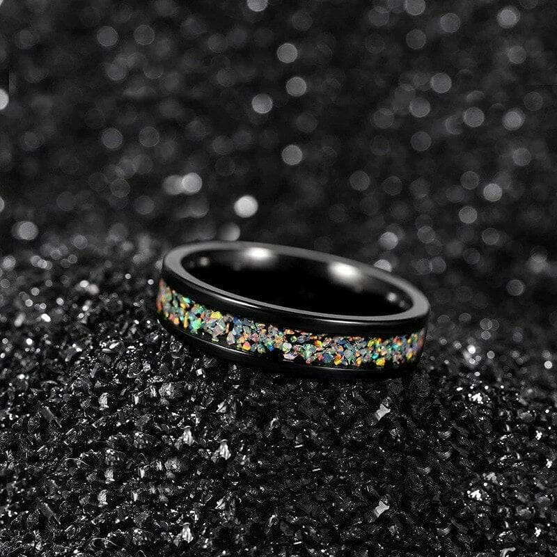 Black Unisex Titanium Wedding Band with Opal Inlay-Evani Naomi Jewelry
