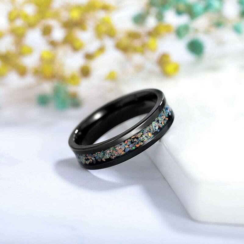 Black Unisex Titanium Wedding Band with Opal Inlay-Evani Naomi Jewelry