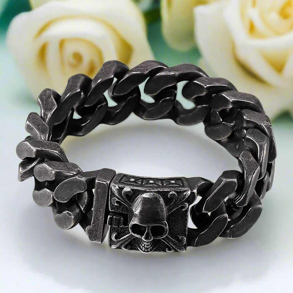Black Vintage Skull Cuban Chain Bracelet-Evani Naomi Jewelry