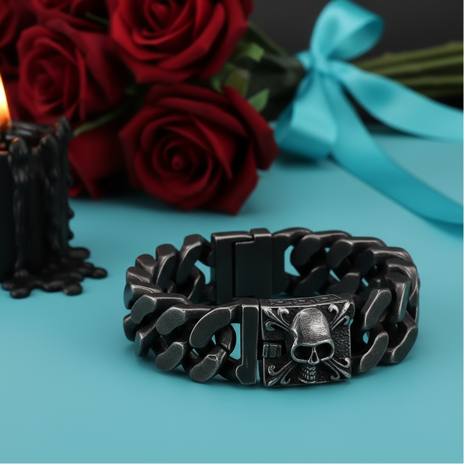 Black Vintage Skull Cuban Chain Bracelet-Evani Naomi Jewelry