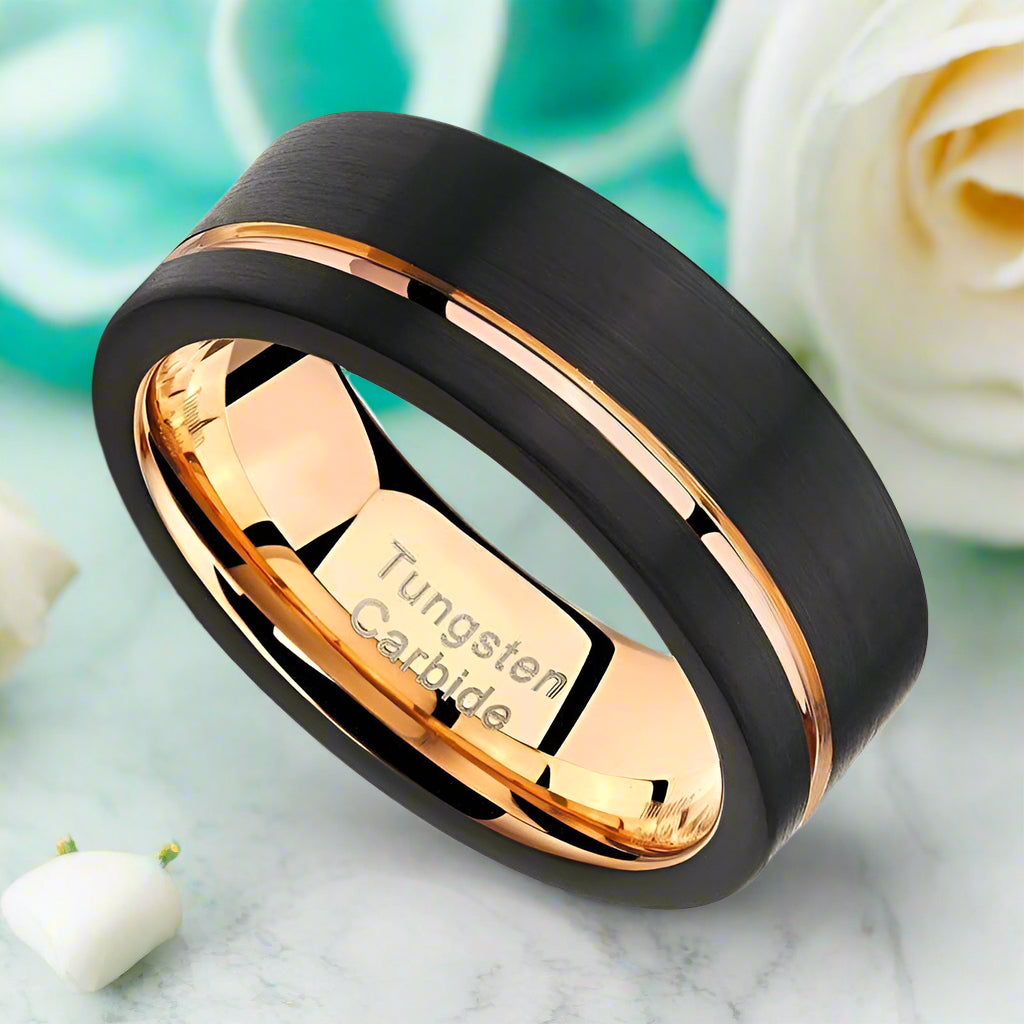 Black with Rose Gold Line Tungsten Men's Wedding Band-Evani Naomi Jewelry