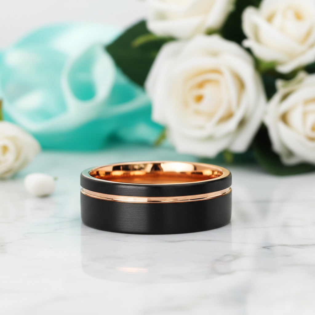 Black with Rose Gold Line Tungsten Men's Wedding Band-Evani Jewelry