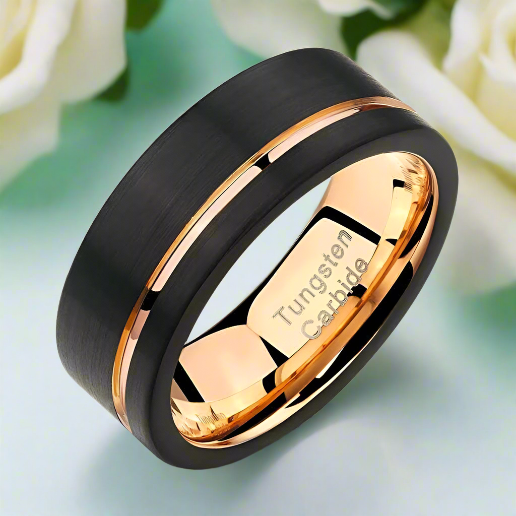 Black with Rose Gold Line Tungsten Men's Wedding Band - Evani Naomi Jewelry