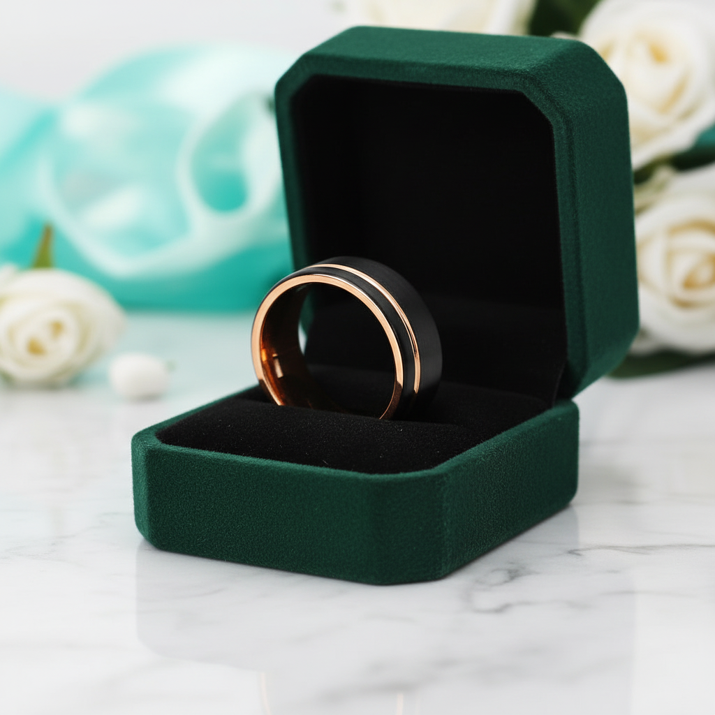 Black with Rose Gold Line Tungsten Men's Wedding Band - Evani Naomi Jewelry
