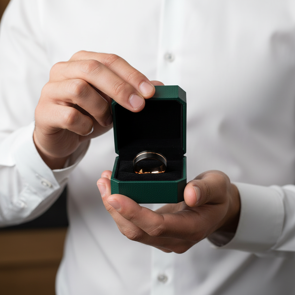 Black with Rose Gold Line Tungsten Men's Wedding Band - Evani Naomi Jewelry