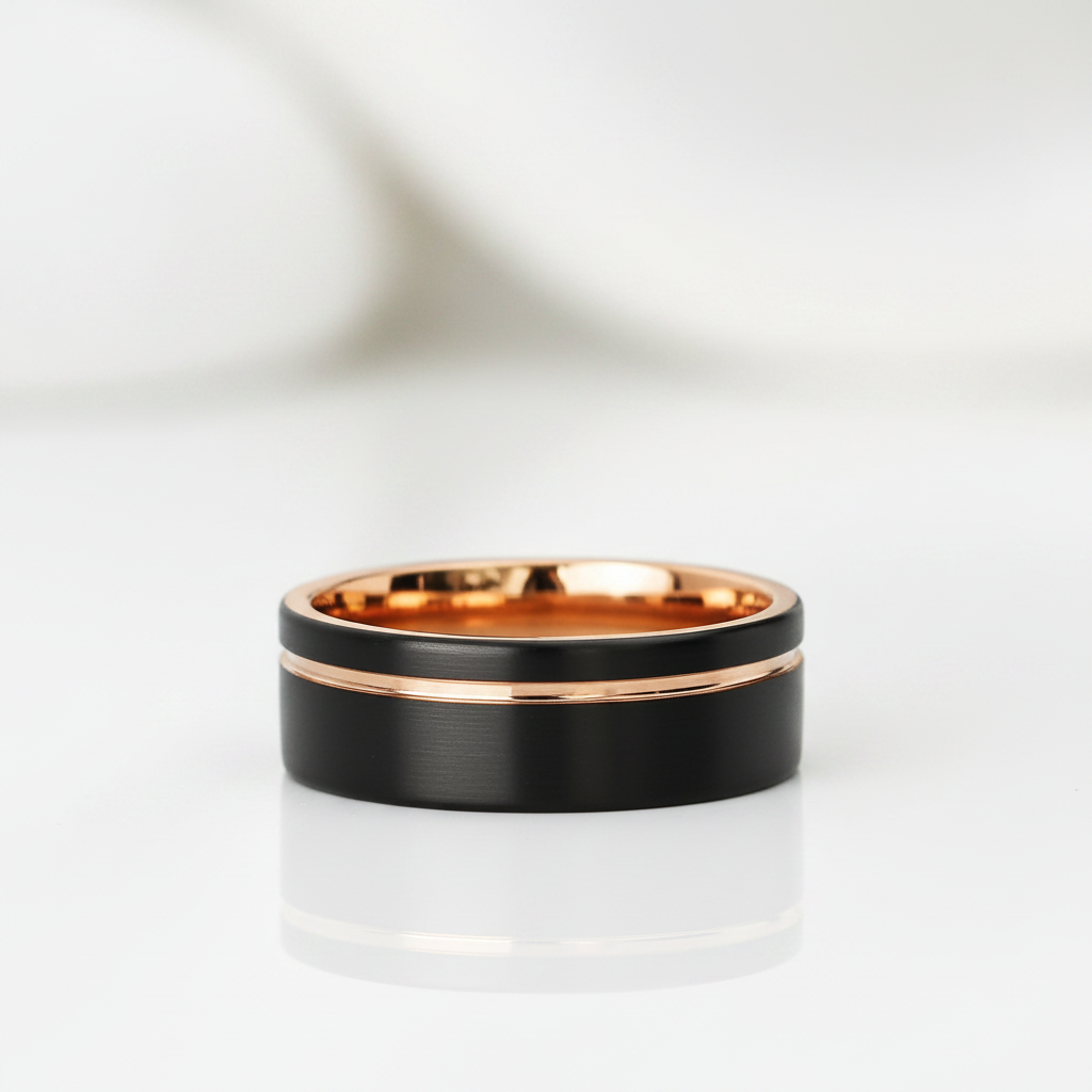 Black with Rose Gold Line Tungsten Men's Wedding Band - Evani Naomi Jewelry