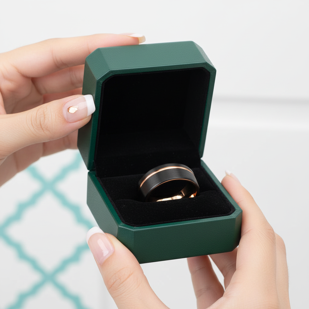 Black with Rose Gold Line Tungsten Men's Wedding Band - Evani Naomi Jewelry