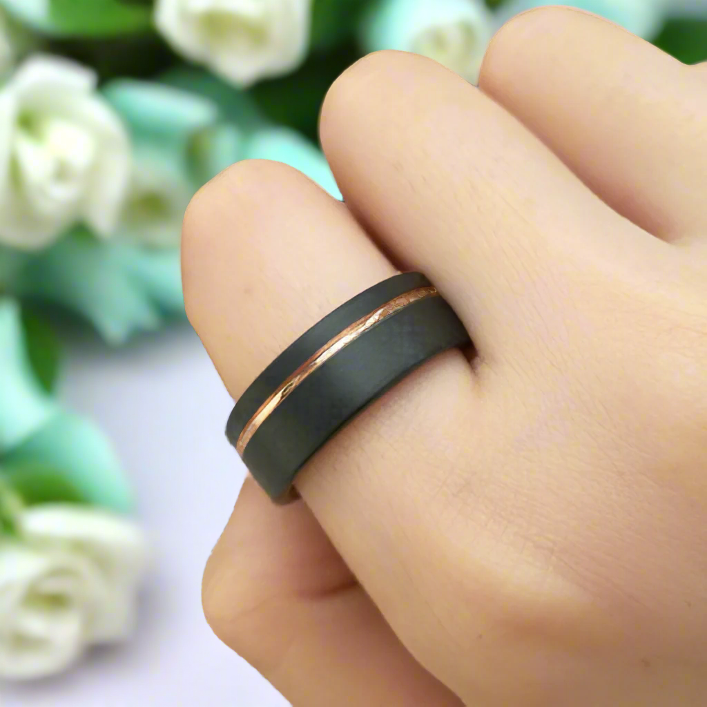 Black with Rose Gold Line Tungsten Men's Wedding Band-Evani Naomi Jewelry