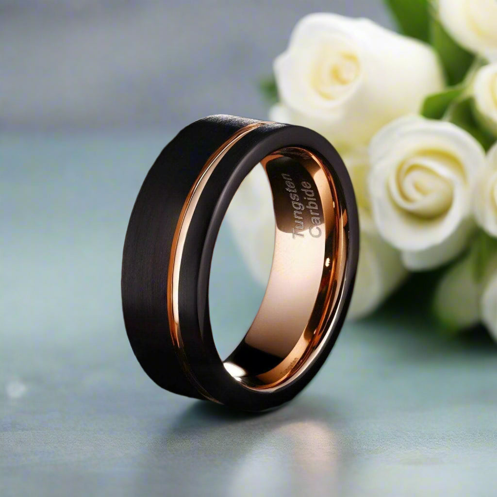 Black with Rose Gold Line Tungsten Men's Wedding Band-Evani Naomi Jewelry