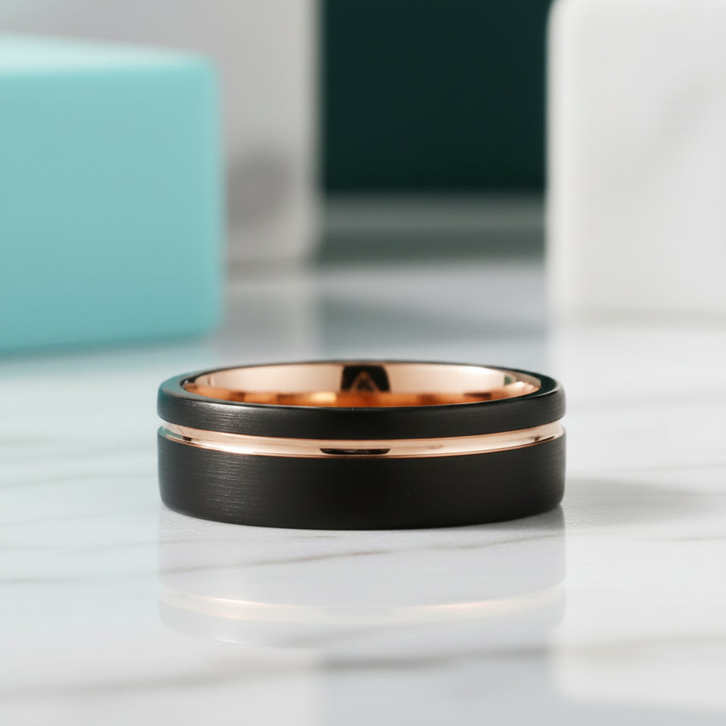 Black with Rose Gold Line Tungsten Men's Wedding Band-Evani Jewelry