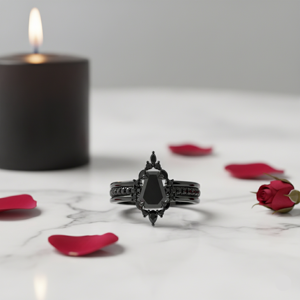 Black ring with intricate design on a marble surface with red rose petals and a black candle.
