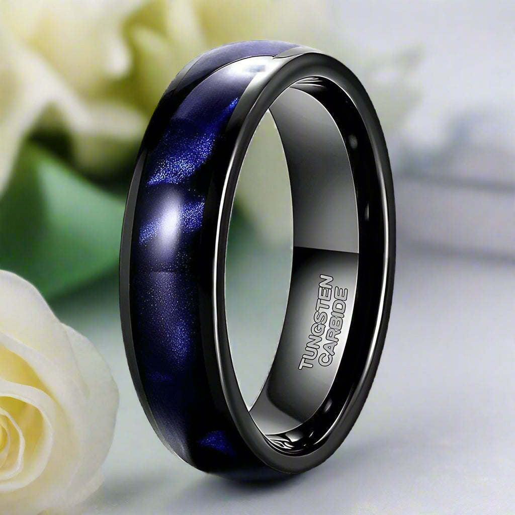 Blue Dome Tungsten Wedding Band with Crushed Shell-Evani Naomi Jewelry