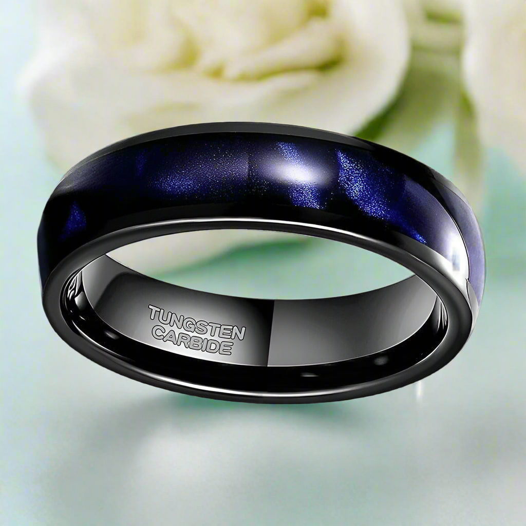 Blue Dome Tungsten Wedding Band with Crushed Shell-Evani Jewelry