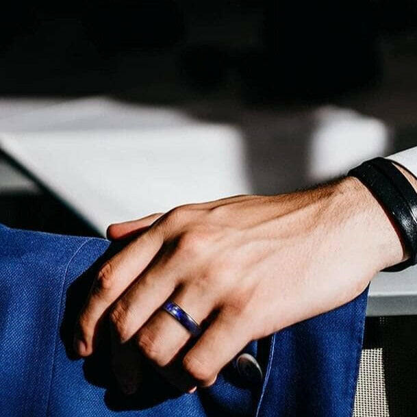 Blue Dome Tungsten Wedding Band with Crushed Shell-Evani Naomi Jewelry