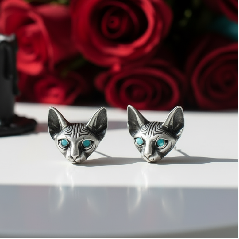 Blue Eyes Sphynx Cat Punk Stud Earrings-Evani Jewelry