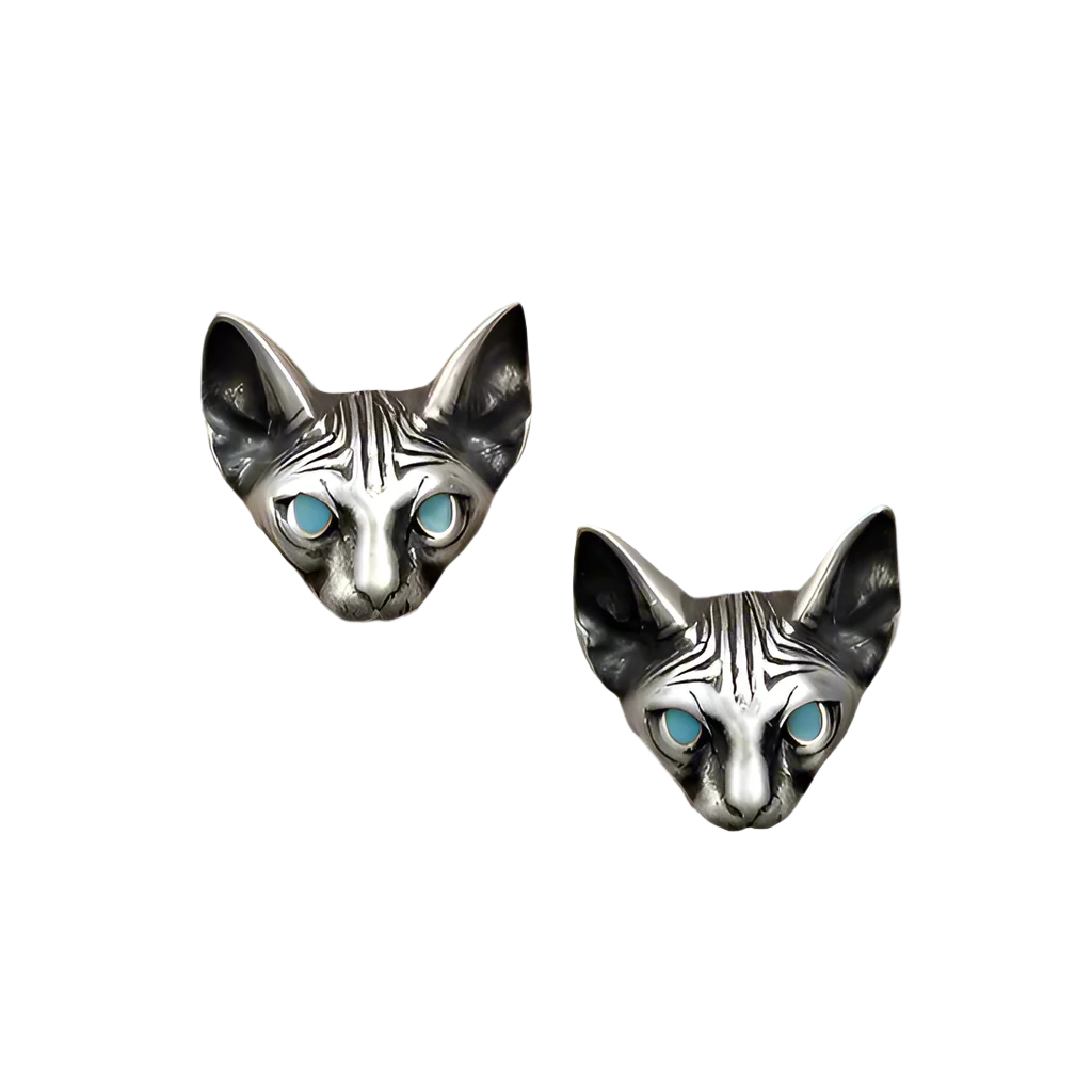 Blue Eyes Sphynx Cat Punk Stud Earrings-Evani Naomi Jewelry