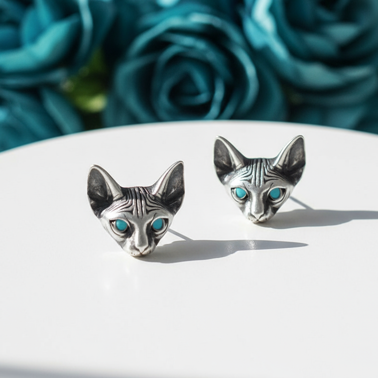 Blue Eyes Sphynx Cat Punk Stud Earrings-Evani Naomi Jewelry