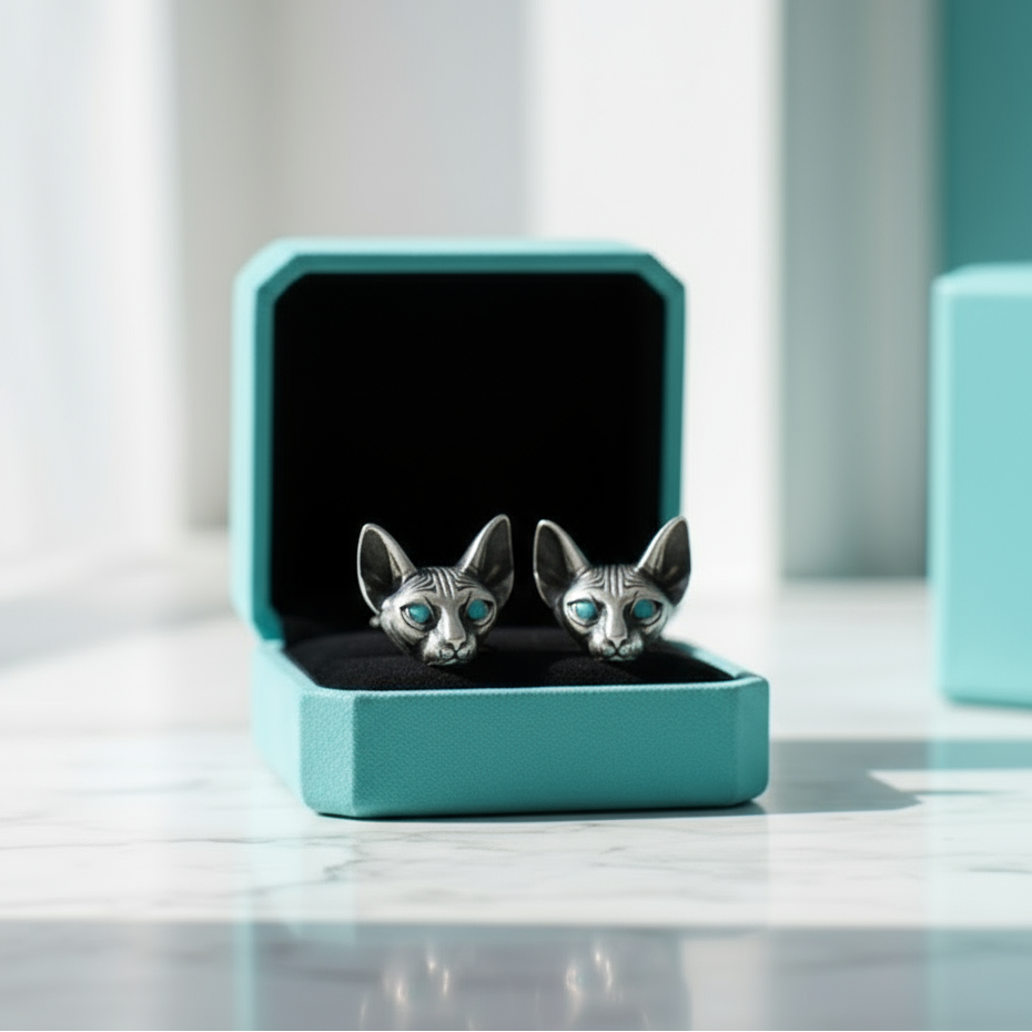 Blue Eyes Sphynx Cat Punk Stud Earrings-Evani Jewelry