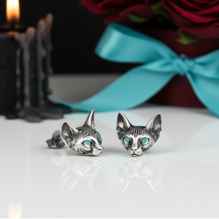 Blue Eyes Sphynx Cat Punk Stud Earrings-Evani Jewelry