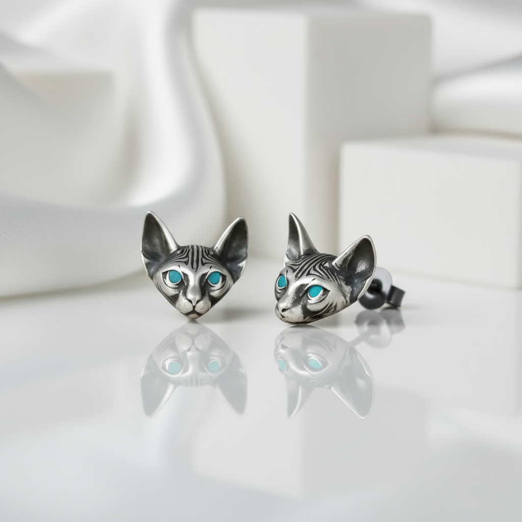 Blue Eyes Sphynx Cat Punk Stud Earrings-Evani Jewelry