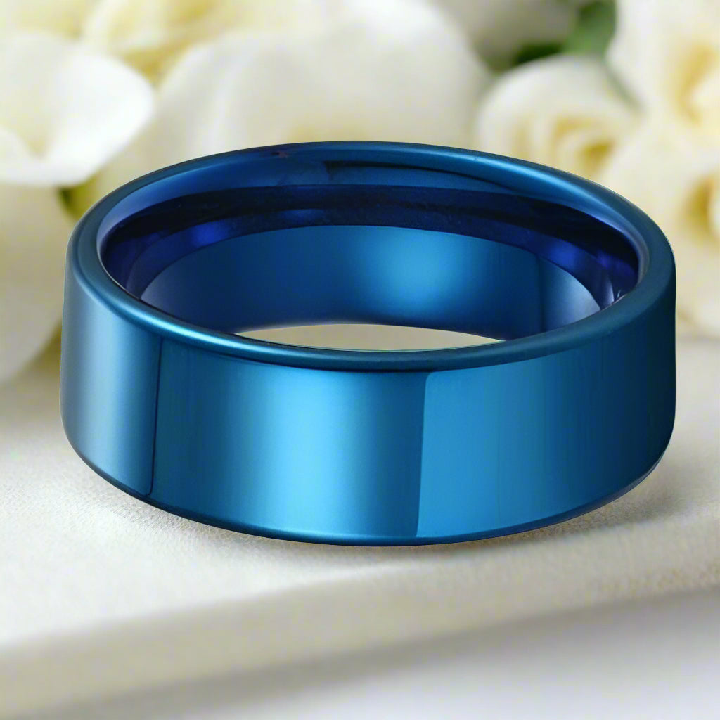 Blue Flat Tungsten Men's Wedding Band-Evani Naomi Jewelry