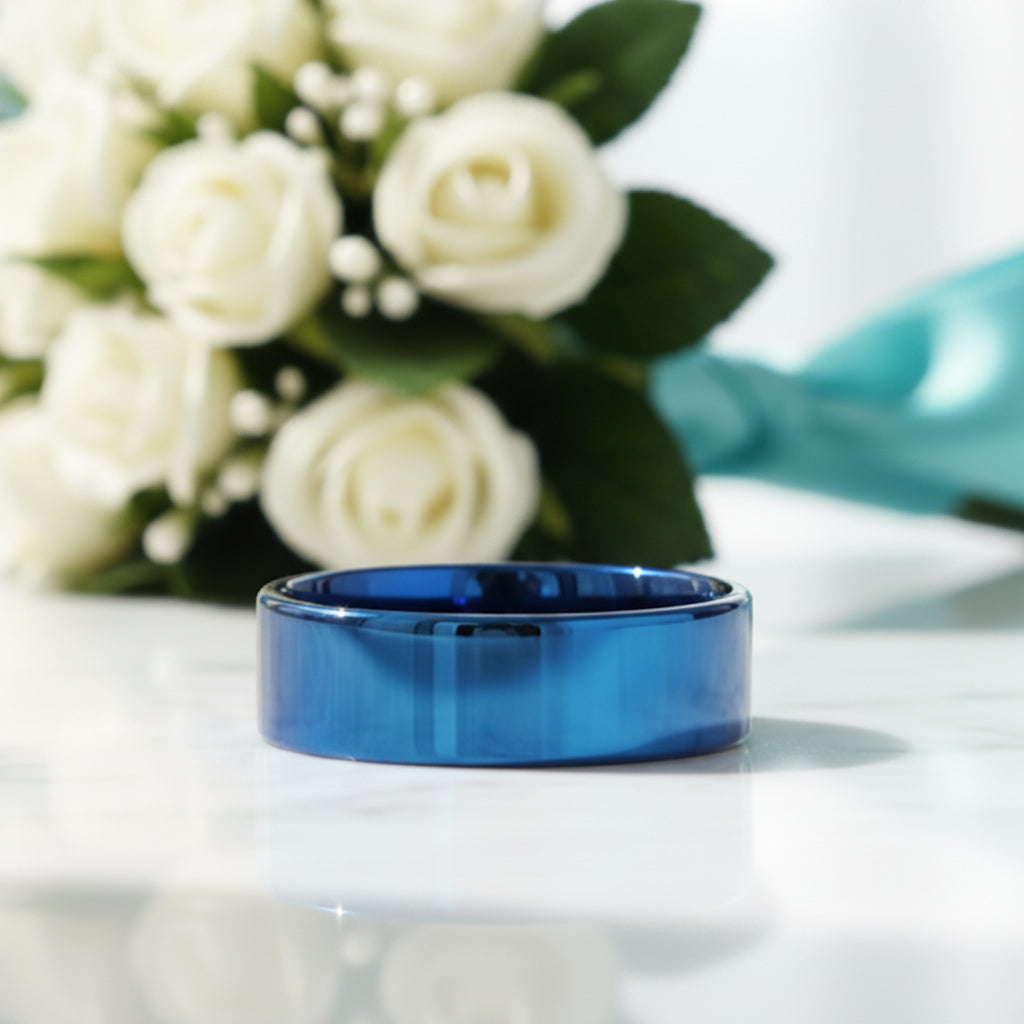 Blue Flat Tungsten Men's Wedding Band-Evani Jewelry