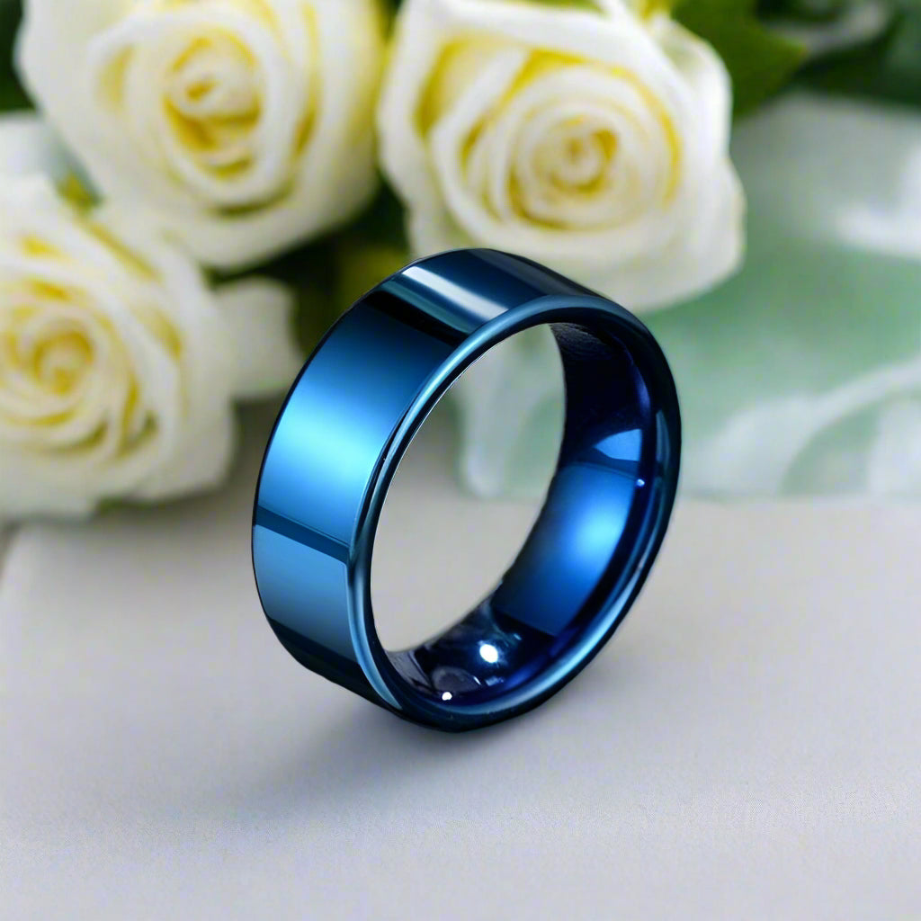 Blue Flat Tungsten Men's Wedding Band-Evani Naomi Jewelry