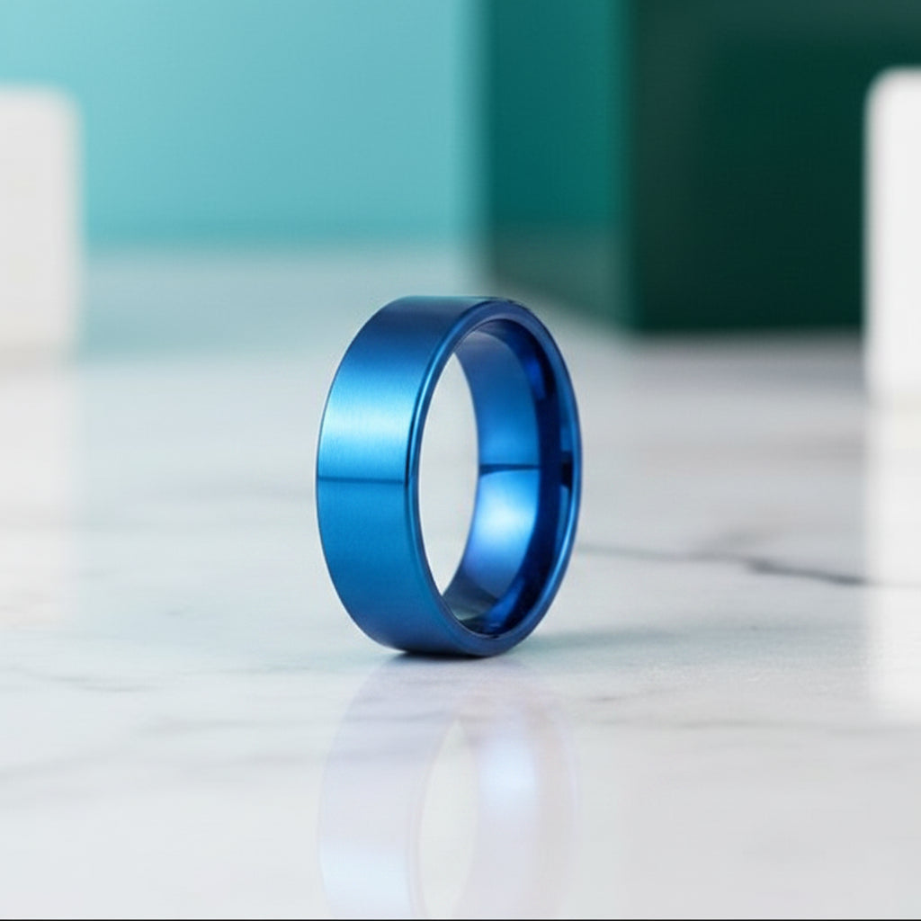 Blue Flat Tungsten Men's Wedding Band-Evani Jewelry
