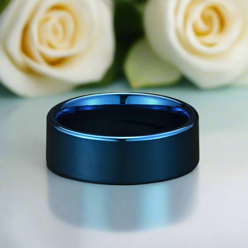 Blue Flat Tungsten Men's Wedding Band-Evani Naomi Jewelry