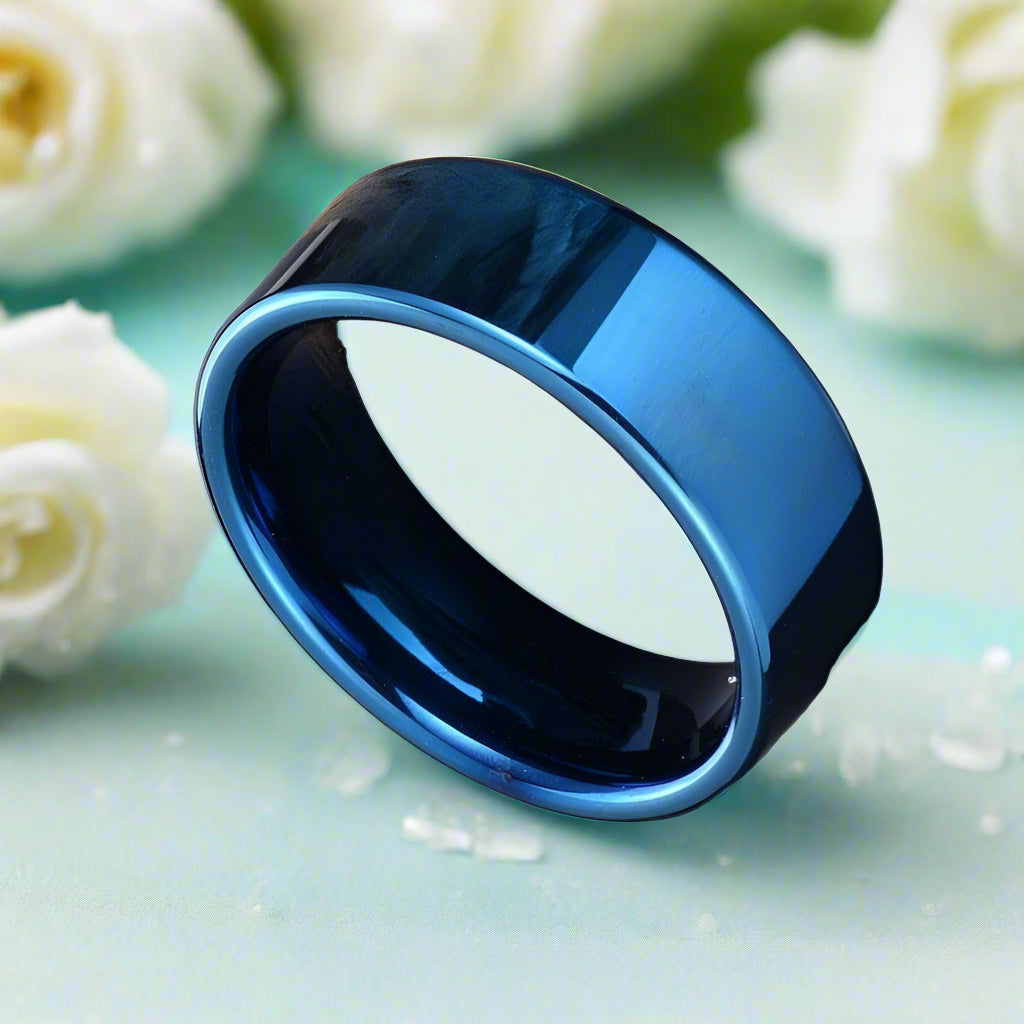 Blue Flat Tungsten Men's Wedding Band-Evani Naomi Jewelry