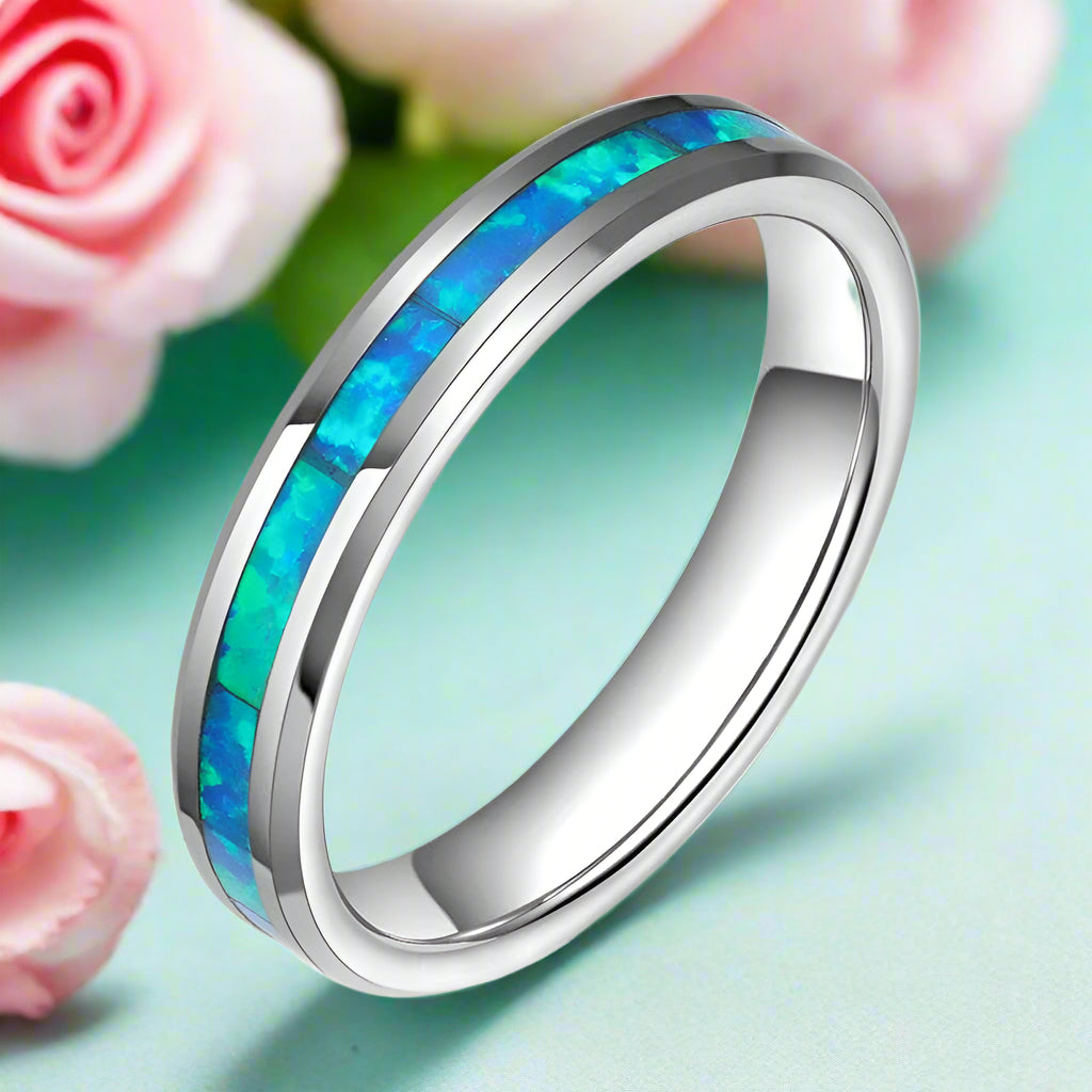 Blue Opal Tungsten Men's Wedding Band-Evani Jewelry