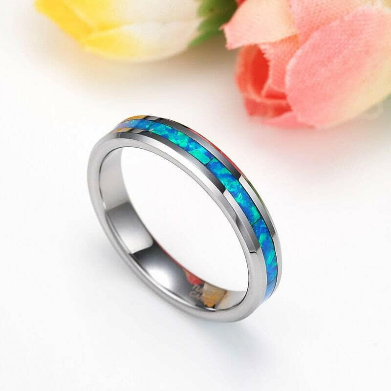 Blue Opal Tungsten Men's Wedding Band-Evani Jewelry