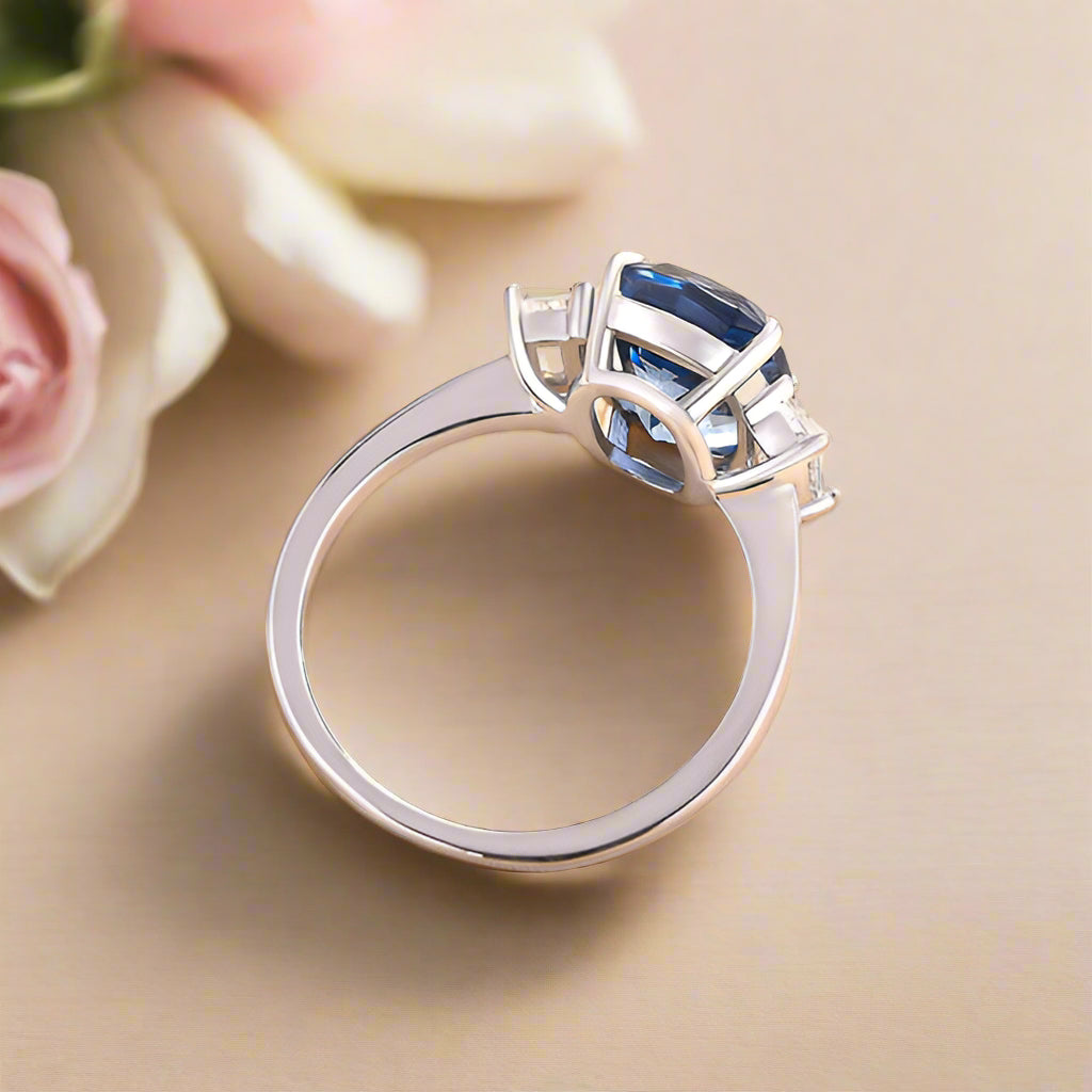 Blue Sapphire 5.0ct Cushion Cut Three Stone Engagement Ring-Evani Naomi Jewelry