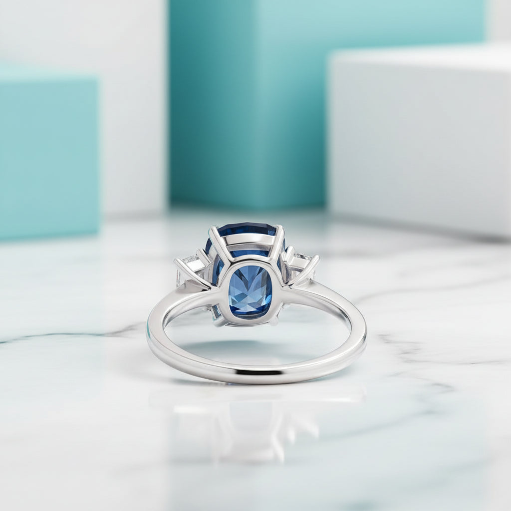 Blue Sapphire 5.0ct Cushion Cut Three Stone Engagement Ring-Evani Jewelry