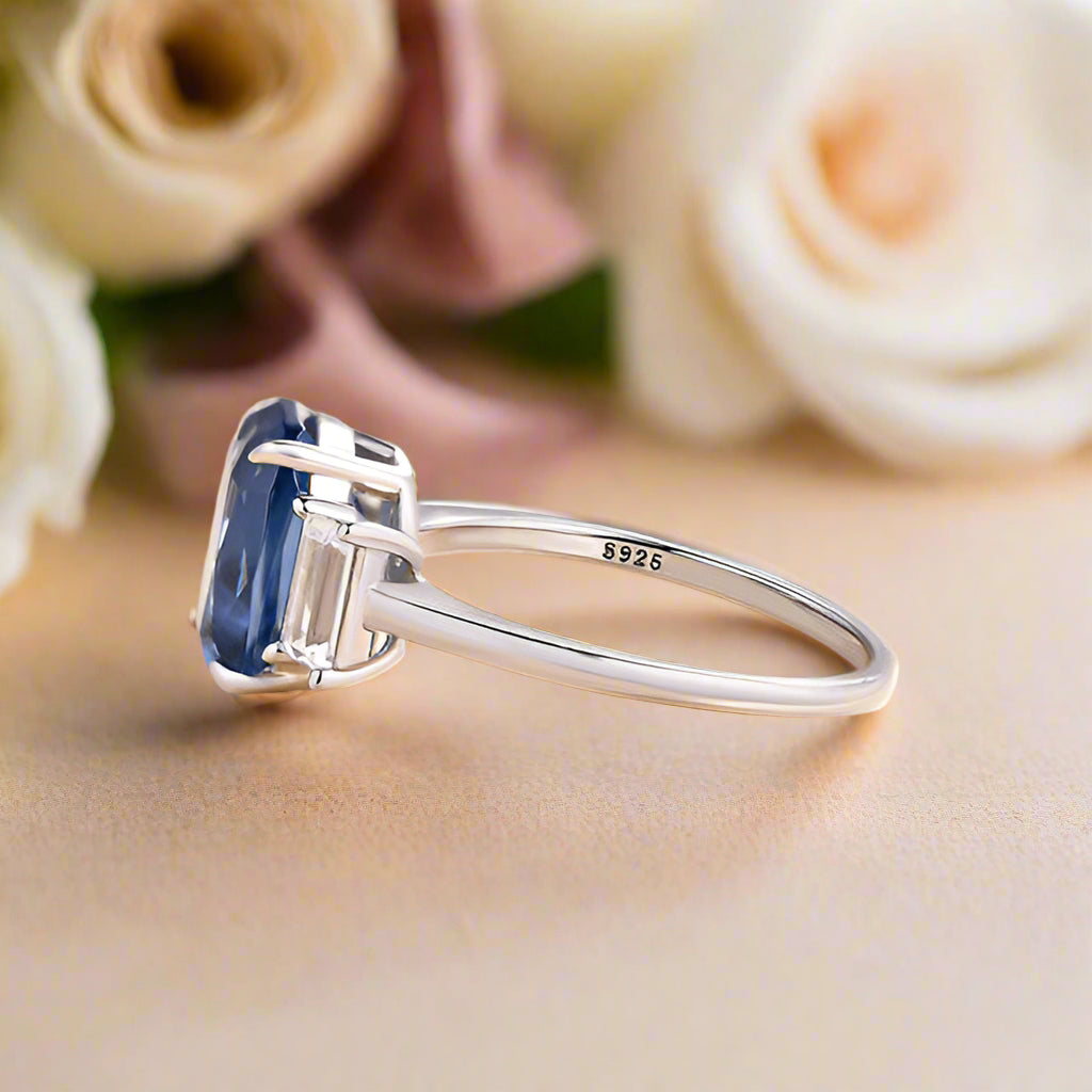 Blue Sapphire 5.0ct Cushion Cut Three Stone Engagement Ring-Evani Naomi Jewelry