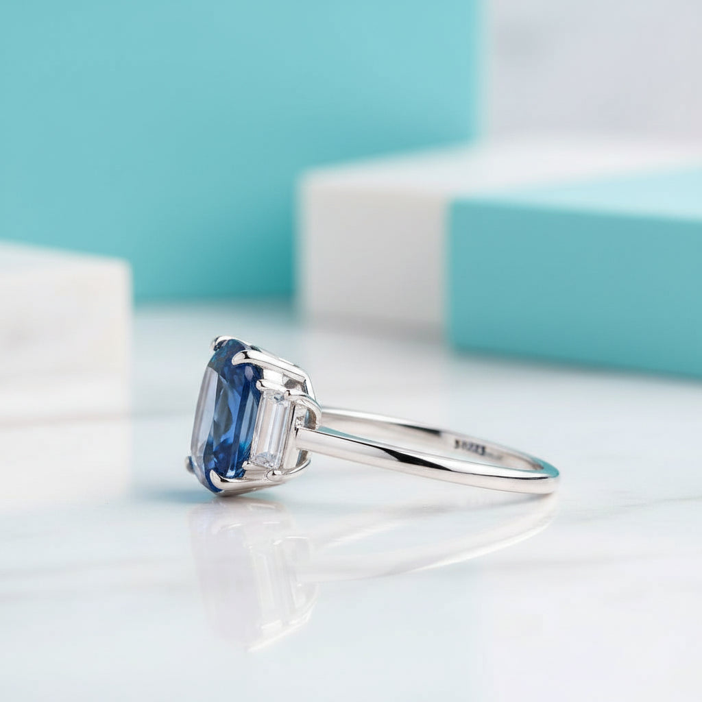 Blue Sapphire 5.0ct Cushion Cut Three Stone Engagement Ring-Evani Jewelry