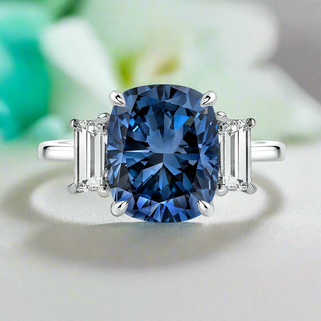 Blue Sapphire 5.0ct Cushion Cut Three Stone Engagement Ring-Evani Naomi Jewelry