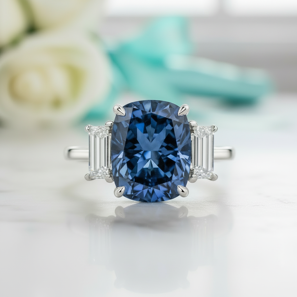 Blue Sapphire 5.0ct Cushion Cut Three Stone Engagement Ring-Evani Jewelry