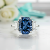 Blue Sapphire 5.0ct Cushion Cut Three Stone Engagement Ring-Evani Jewelry