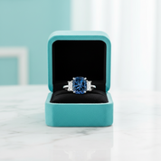 Blue Sapphire 5.0ct Cushion Cut Three Stone Engagement Ring-Evani Jewelry